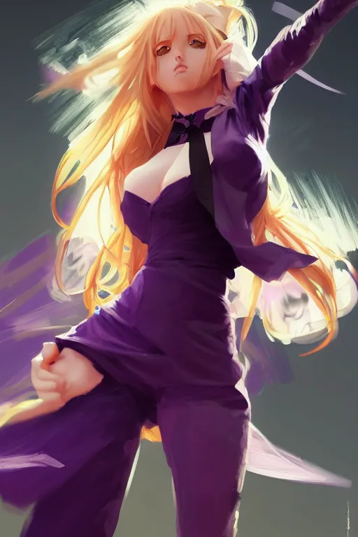 Image similar to fighter anime girl with purple eyes, long blonde hair wearing a tuxedo in a fighting stance, digital painting, artstation, concept art, soft light, hdri, smooth, sharp focus, illustration, art by tian zi and craig mullins and WLOP and alphonse mucha