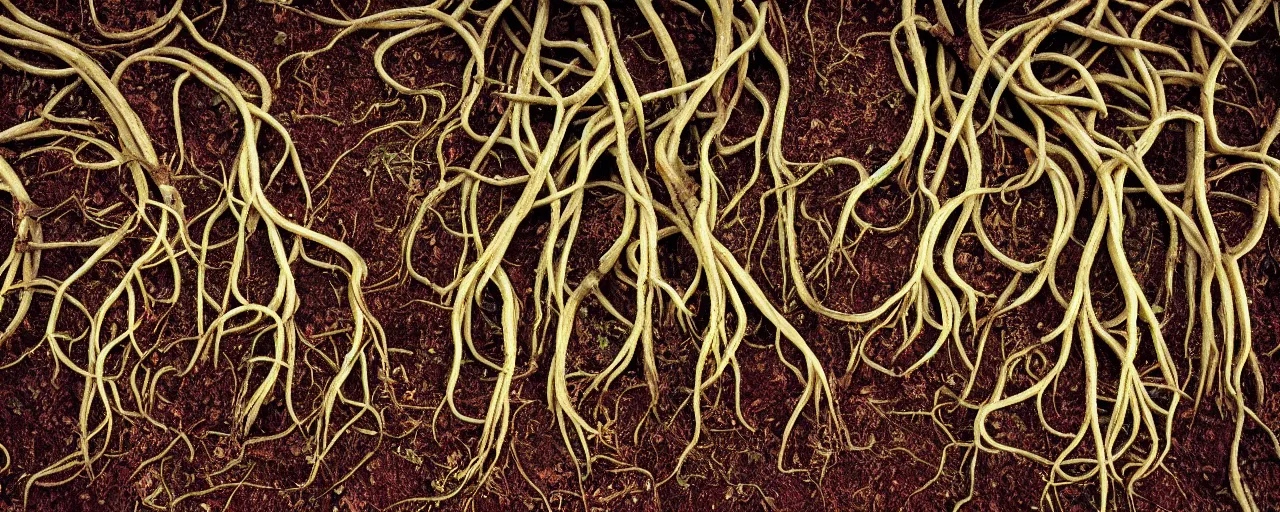 Image similar to roots made of spaghetti buds, growing out of the dirt, kodachrome, in the style of wes anderson, retro