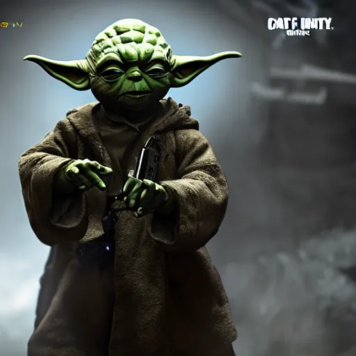 Prompt: Yoda in Call of Duty Black ops, highly detailed, high quality, HD, 4k, 8k, Canon 300mm, professional photographer, 40mp, lifelike, top-rated, award winning, realistic, sharp, no blur, edited, corrected, trending