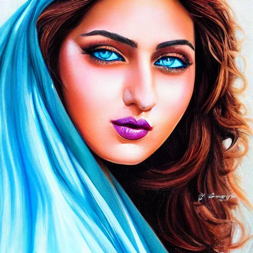 Prompt: detailed painting of a beautiful young Arab woman wearing a blue dress with veil by Stanely Artgerm, bright blue eyes, gold jewellery, long pearly wavy black hair, majestic, beauty, dramatic light, turquoise color scheme, face portrait, hyper realistic, fantasy, hdr, Trending on Artstation