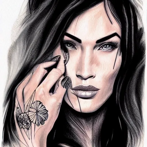 Image similar to tattoo sketch of megan fox's face shape created in amazing mountain scenery, in the style of dan mountford