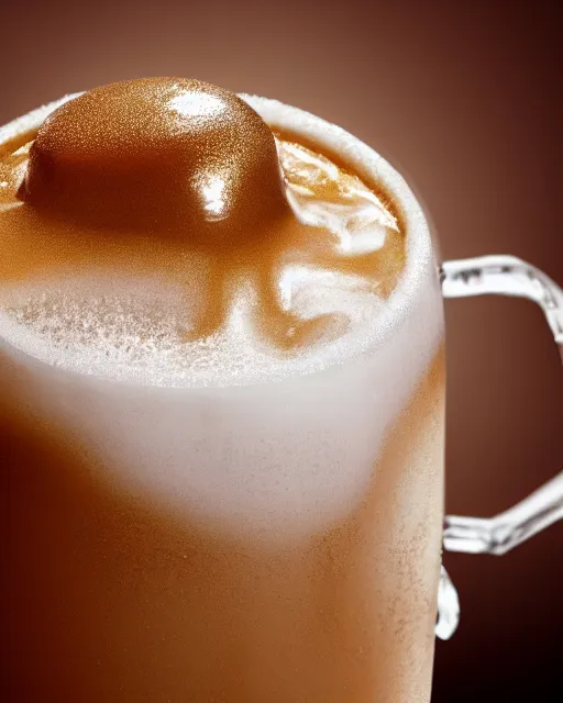 Image similar to a goddess made of foam and delicious golden-brown soda bursting out of a frosty mug of root beer, dynamic, angled view, laughing, cute, chubby, zaftig, shiny, droplets in air, hyper realistic, 4k, artistic, ultra detailed, octane render, photorealistic, ultra realistic, 8k, character design by don bluth, appetizing, splashing