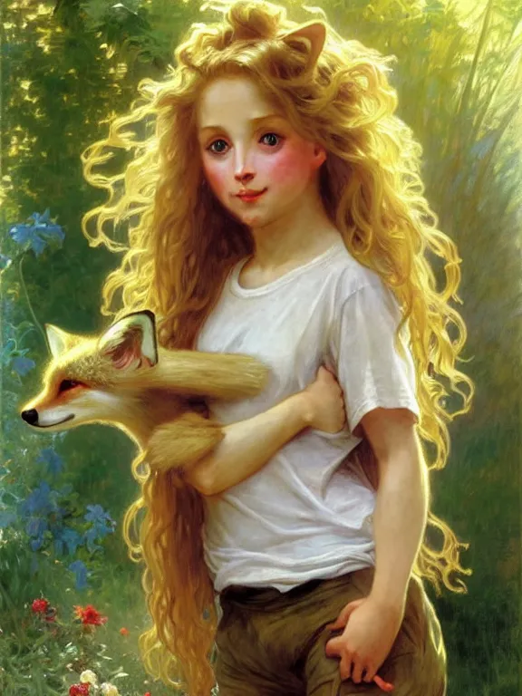 Prompt: a seven - year old with long curly dirty blonde hair, blue eyes, tan skin, a tee shirt and shorts, playing with foxes, painting by daniel gerhartz, alphonse mucha, bouguereau, detailed art, accurate facial details, freckled face, artstation