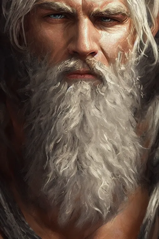 Image similar to painted portrait of rugged zeus, god of thunder, greek god, white hair, masculine, mature, handsome, upper body, muscular, hairy torso, fantasy, intricate, elegant, highly detailed, digital painting, artstation, concept art, smooth, sharp focus, illustration, art by gaston bussiere and greg rutkowski