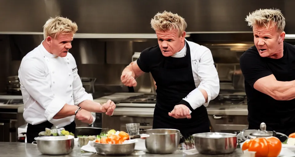 Image similar to photo of angry furious Gordon Ramsay punching Gordon Ramsay at the kitchen