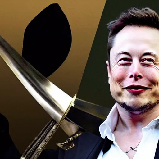 Prompt: photo of elon musk in the shape of a musketeer, he has a big black hat and holds a shiny rapier sword