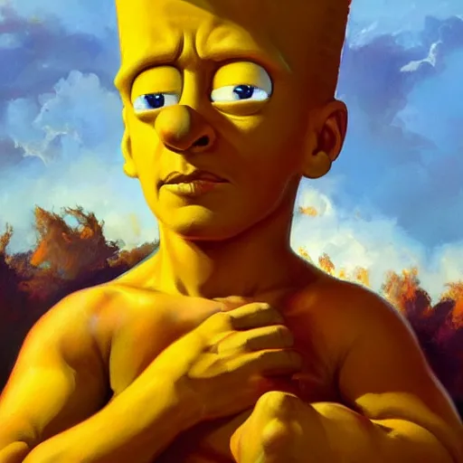 Image similar to detailed portrait of bart simpson intricate, hyper detailed, realistic, oil painting, by julie bell, frank frazetta, cinematic lighting