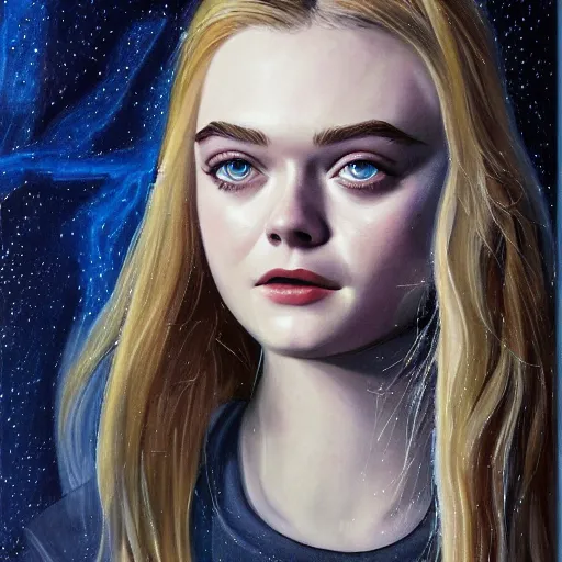 Image similar to professional painting of Elle Fanning in the style of The Twilight Zone, head and shoulders portrait, symmetrical facial features, smooth, sharp focus, illustration, intricate, stormy weather, extremely detailed masterpiece,