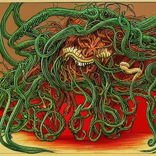 Prompt: a hyper detailed filmic wide shot 30mm color film photograph of a bundle of a dangerous gorey shape shifting alien creaturing spewing long worm-like spiney tendrils out of its snarling mouth, the tendrils are strangling and smothering a male 70-year-old doctor wearing a lab coat under dreary fluorescent lights, the walls are splattered with ketchup in the style of an HD horror film still from 1982