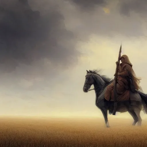 Image similar to cinematic shot epic portrait an hooded man riding a horse in middle of wheat fields, sunny, cloudy, broad light, ambient occlusion, volumetric light effect, made by ivan aivazovsky, peter mohrbacher, greg rutkowski, matte painting, trending on artstation, 4 k, perfectly defined features, digital painting, cinematic, epic, highly detailed,