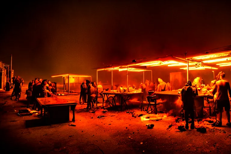 Image similar to post apocalyptic dinner being used as a shelter, dystopian, fire, people huddled, night, neon sign, rust