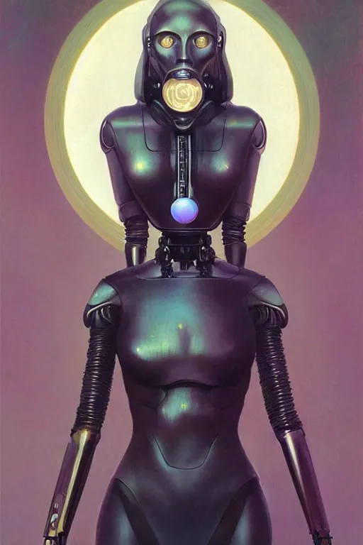 Image similar to portrait of raven, perfect future, iridescent color palette, by wlop and karol bak and bouguereau, 1 9 7 0 s retro future robot android. muted colors