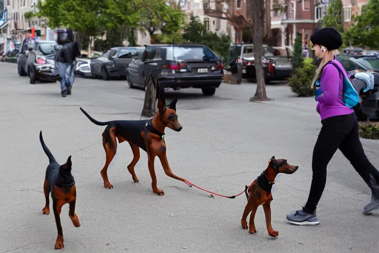 Prompt: toy doberman pinschers following a woman on a walk down the sidewalk