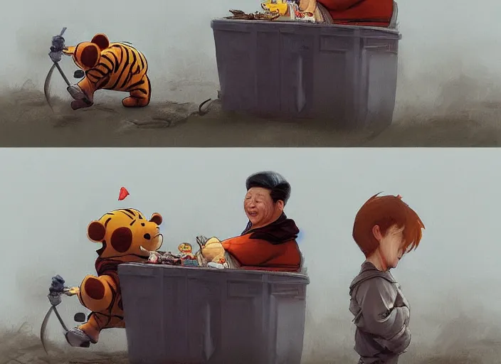 Prompt: portrait of Xi Jinping dressing up as Winnie the Pooh in a trashy Chinese dirt poor trashcan, hungry, beta weak male, digital painting, concept art, smooth, sharp focus, illustration, from Metal Gear, by Ruan Jia and Mandy Jurgens and William-Adolphe Bouguereau, Artgerm