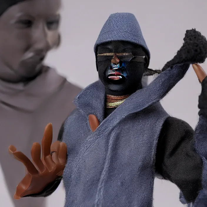 Prompt: a hot toys figure of kanye west using a black face - covering mask made of cloth with small holes, a blue puff undersized round jacket, a black shirt underneath and black rubber boots, figurine, detailed product photo