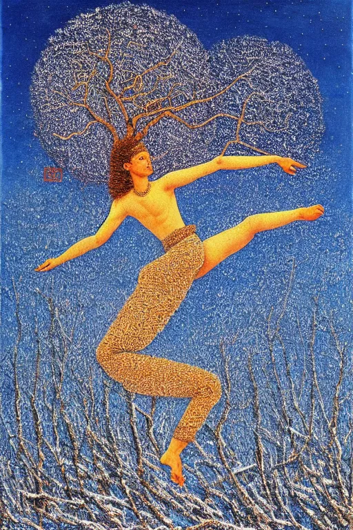 Image similar to ivan marchuk style nataraja dancing in a winter birch grove and raising snow clouds during a solar eclipse, visionary art style