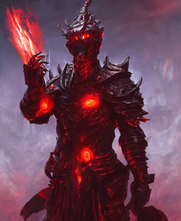 Image similar to a detailed portrait of a menacing armoured dark lord with glowing red eyes and a crown of fire by Tyler Edlin and Moebius, 4k resolution, photorealistic