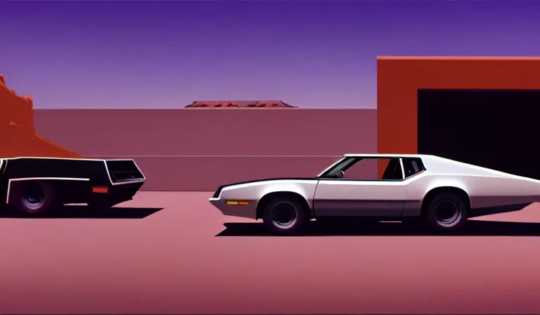 Image similar to a cinematic matte painting of a sleek 1 9 7 0 s vaporwave concept retro - futurism sci - fi muscle car in an open cluttered garage in the american southwest, view from the street. cactus. by eric lafforgue, glennray tutor and edward hopper, greg rutkowski. trending on artstation.