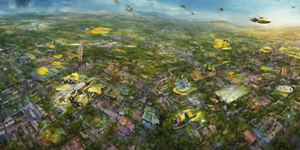 Prompt: central perspective of a giant bee flying over smart village, psychedelic solarpunk architecture, big bee, flying cow, surrounded by lush nature, ray - tracing, cinematic lighting, 8 k smooth, vibrant colors, ambient occlusion, hdr, complex, highly atmospheric lighting, highly detailed, alex grey, greg rutkowski, focus, cinematic, concept art, artstation, trending