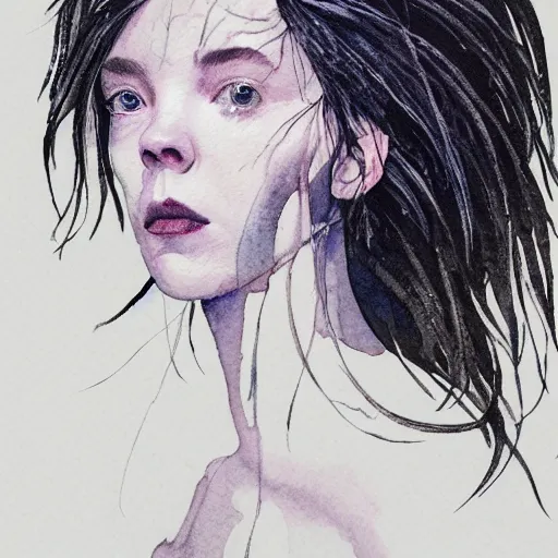 Image similar to full body detailed watercolor illustration of alien anya taylor - joy mixed with jennifer connelly, unsettling, hooded long black feathered cloak, uncanny valley, with black feathers instead of hair, gothic, guillermo del toro, gray mottled skin, pale and sickly, profile view, - - ar 9 : 1 6