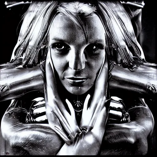 Image similar to britney spears by h. r. giger, biomechanic, complex scene, heavy in detail, corruption,