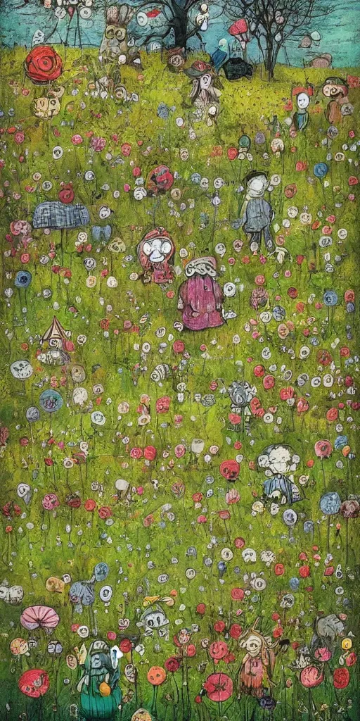 Prompt: a spring meadow scene by alexander jansson and where's waldo