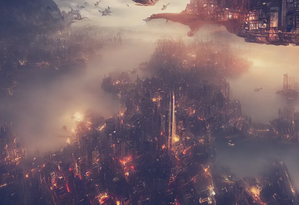 Image similar to flying dragon city by alena aenami, zeppelin dock, city flying in the air, mist below buildings, steampunk, looking from below, thick fog, digital art, 4 k, trending on artstation, epic composition, highly detailed, golden hour