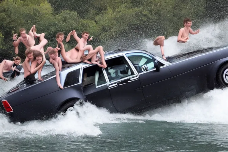 Image similar to Group of teenagers push Rolls-Royce into lake with their hands from a small slide wanting to drown him