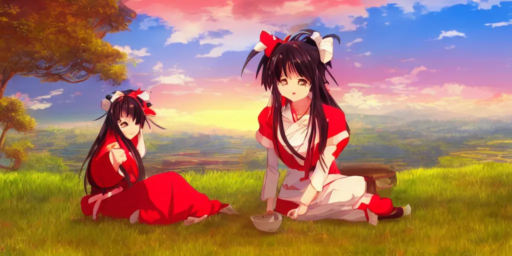 Prompt: reimu sitting on a hill off to the side overlooking rice paddies during sunset cinematic, deep vibrant colors, anime illustration, anime screenshot composite background, visual novel, dating sim