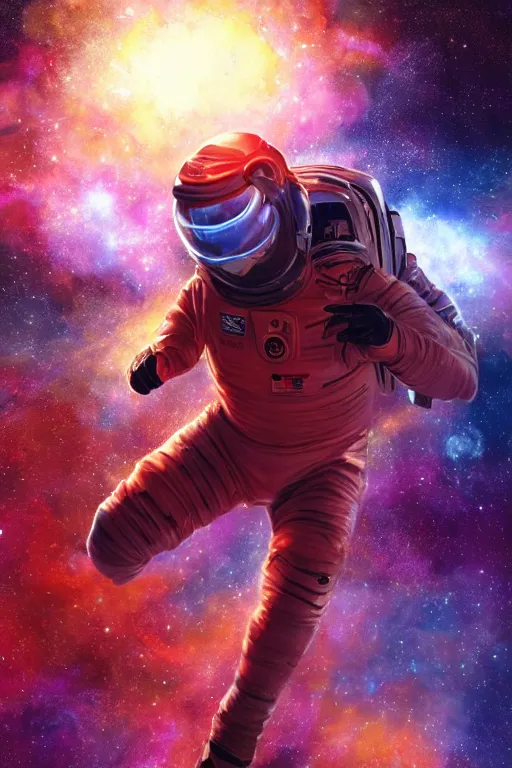 Image similar to cinematic action shot of a fit african-american male in an advanced spacesuit floating in front of exploding nebulae, detailed digital illustration trending on artstation by artgerm and rutkowski