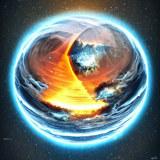 Image similar to water, fire, earth and air in one element, swirling around in a sphere, amazing detail, artstation