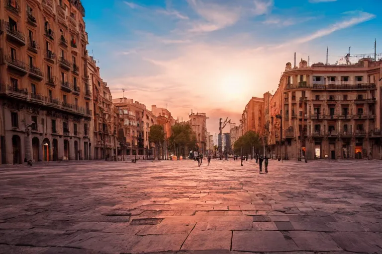 Image similar to dystopian barcelona city with sinked streets, global warming, sunset lighting, photoreal