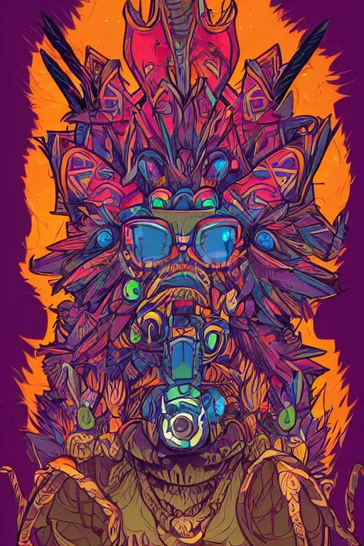 Image similar to totem animal mask tribal feather gemstone plant wood rock shaman vodoo video game vector illustration vivid color borderlands by josan gonzales and dan mumford radiating a glowing aura