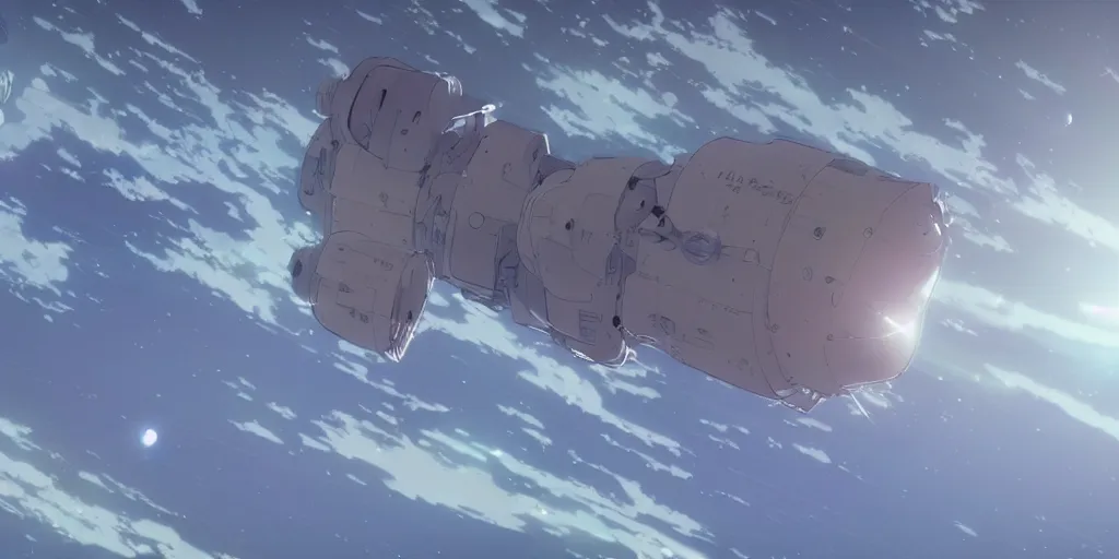 Image similar to a spacecraft moving towards earth by moebius and makoto shinkai, cinematic composition, wide shot