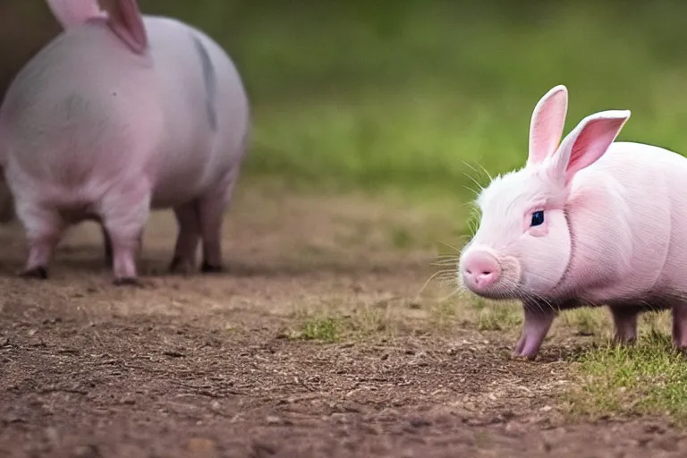 Prompt: a bunny pig!!! hybrid! hyper realistic!! realistic lighting!! wildlife photographer of the year!!! bold natural colors, national geographic, hd, wide angle, 8 k