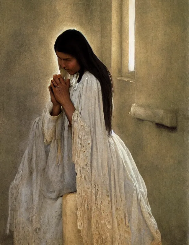 Image similar to peasant woman praying in a curch, polaroid photo bleached vintage pastel colors high - key lighting, soft lights, foggy, by steve hanks, by lisa yuskavage, by serov valentin, by tarkovsky, detailed, oil on canvas