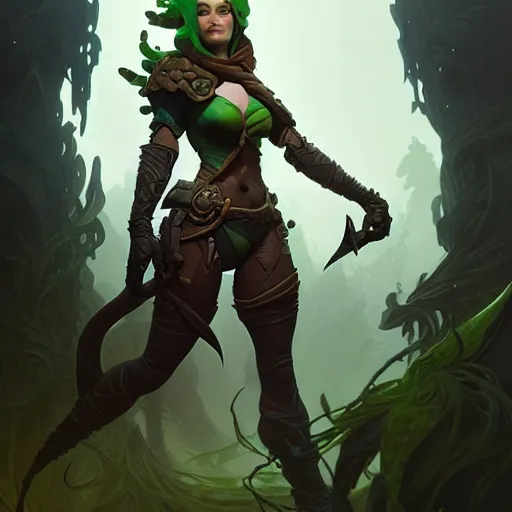 Image similar to rogue, female, full body, forest, D&D, fantasy, intricate, elegant, highly detailed, digital painting, artstation, octane render, concept art, matte, sharp focus, illustration, hearthstone, art by Artgerm and Greg Rutkowski and Alphonse Mucha