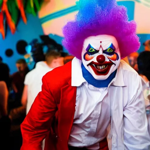 Image similar to evil clown performing at a party with crying children