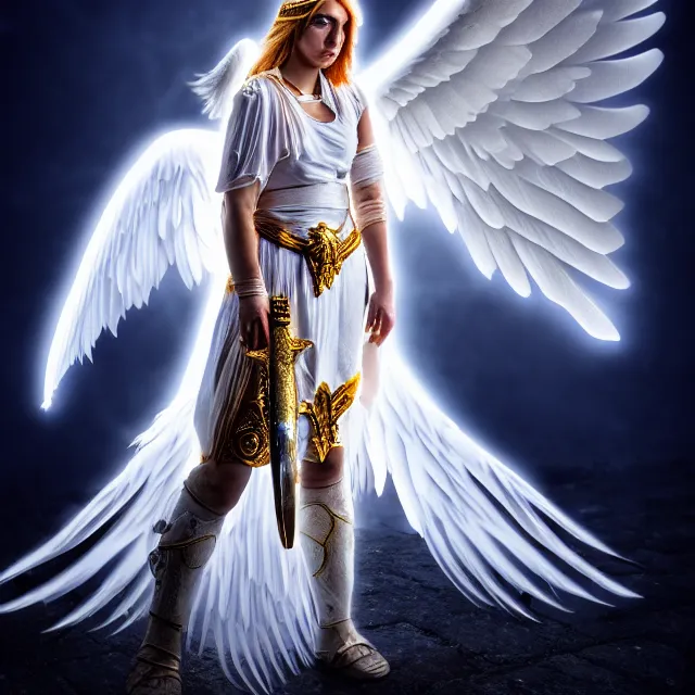 Image similar to photo of a beautiful angelic warrior with light powers, highly detailed, 4 k, hdr, smooth, sharp focus, high resolution, award - winning photo