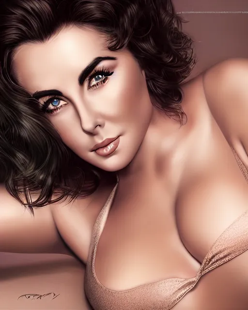 Prompt: elizabeth taylor, photo, ultra detail, photoreal, professionally retouched, soft moonlight lighting, shiny plastic bikini, realistic, smooth face, goddess, luscious lips, perfect eyes, wide angle, sharp focus on eyes, 8 k high definition, insanely detailed, intricate, elegant, art by artgerm and wlop