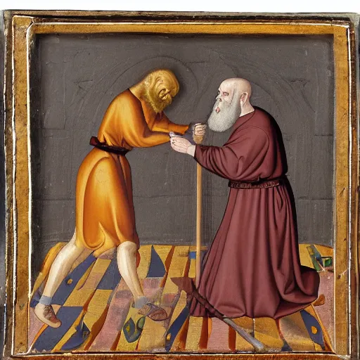 Prompt: a realistic medieval painting of a large bearded man kneeling, being knighted by royalty