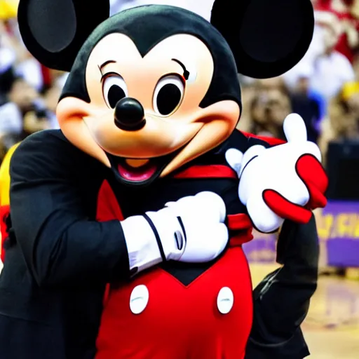 Prompt: Lebron James hugging mickey mouse