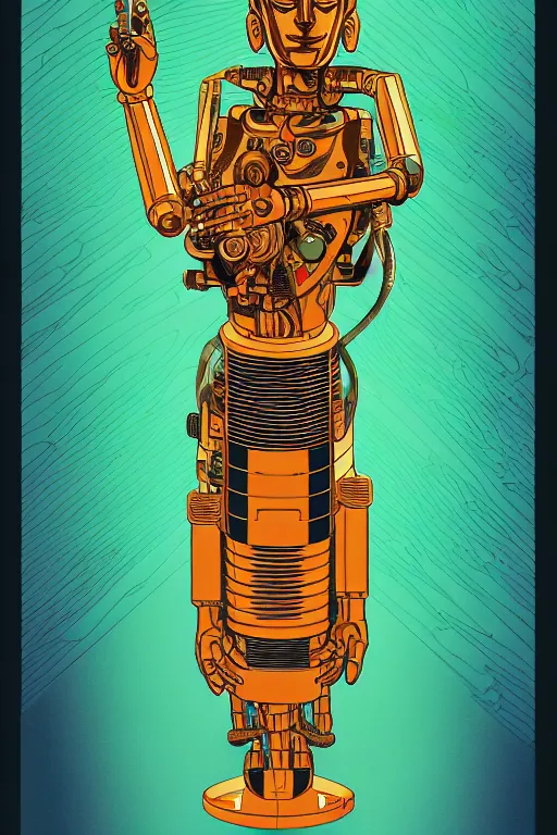 Prompt: a study of cell shaded of a cyborg robot 1000 arm buddha, golden ratio, character concept art by Shepard Fairey, james jean, Mike Mignola, Laurie Greasley, highly detailed, sharp focus, sharp linework, clean strokes, motherboard, Artstation, deviantart, artgem