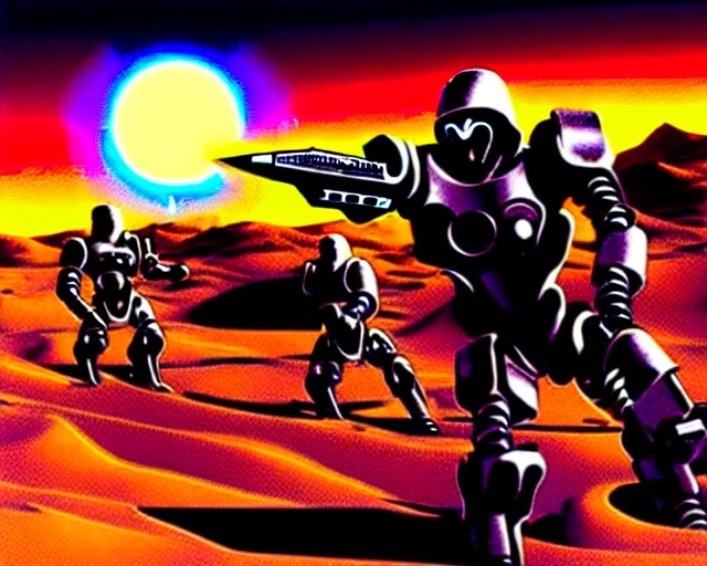 Image similar to cybernetic evil warzone bladed weapons razor projectiles humanoids goin stupid, desert scene