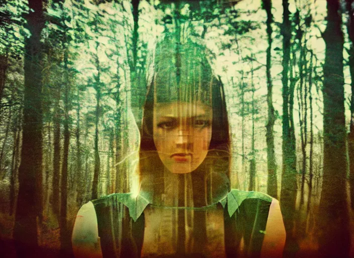 Prompt: professional 7 0's photography, cyborg portrait with a deep forest double exposure, cross process