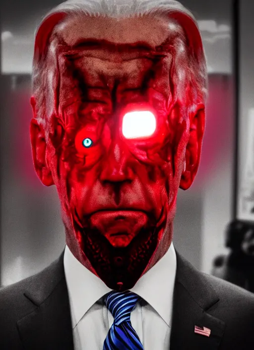 Image similar to hyper realistic ultra realistic horror terror dimensional photo furious glowing red eyes biden, high quality photo, detailed , 8k