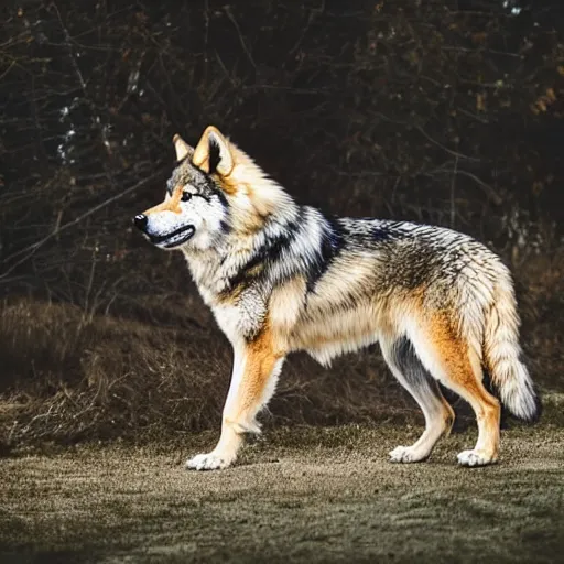 Prompt: professional full - body side profile photograph of a slightly fluffy light tan tibetan wolf with brown accents, hd, 8 k, highly detailed, high quality, cute