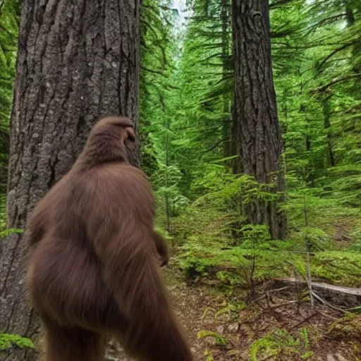 Image similar to Bigfoot walking through the forest, trailcam footage, 4K details