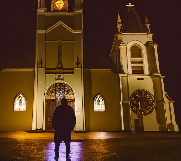 Prompt: Ghost standing in front of a church during in the night f1.8 anamorphic, bokeh, 4k, Kodachrome k135