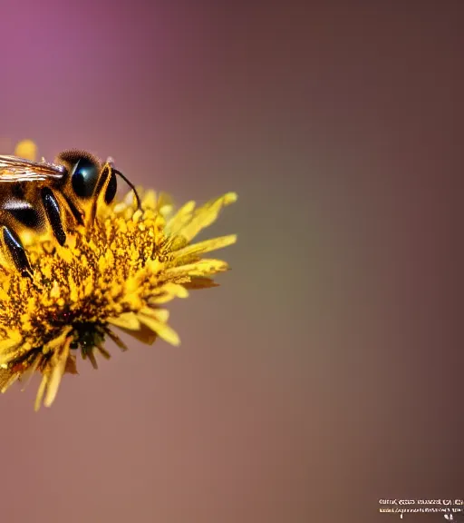 Image similar to super macro photo of a golden bee on a flower in a forest. dof. bokeh. magical atmosphere. art by greg rutkowski. lifelike. very detailed 8 k. intricate. soft light. nikon d 8 5 0.